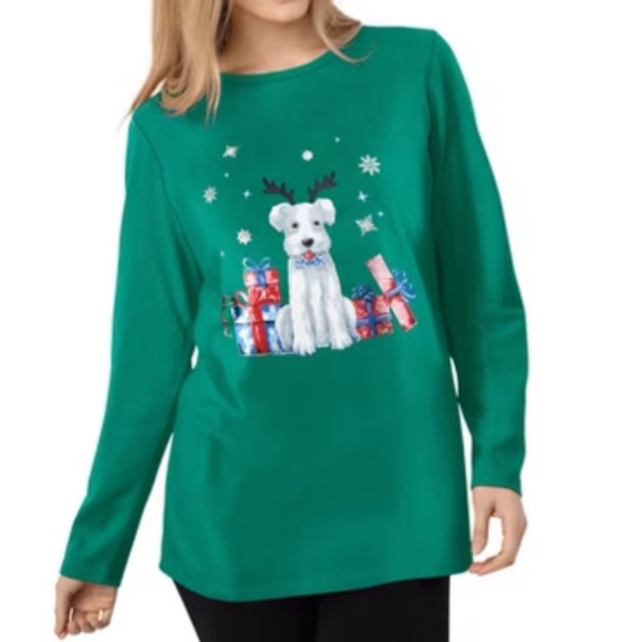 Woman Within Green Holiday Dog Tee Cotton Blend Long Sleeve Sz 1X - Picture 1 of 9